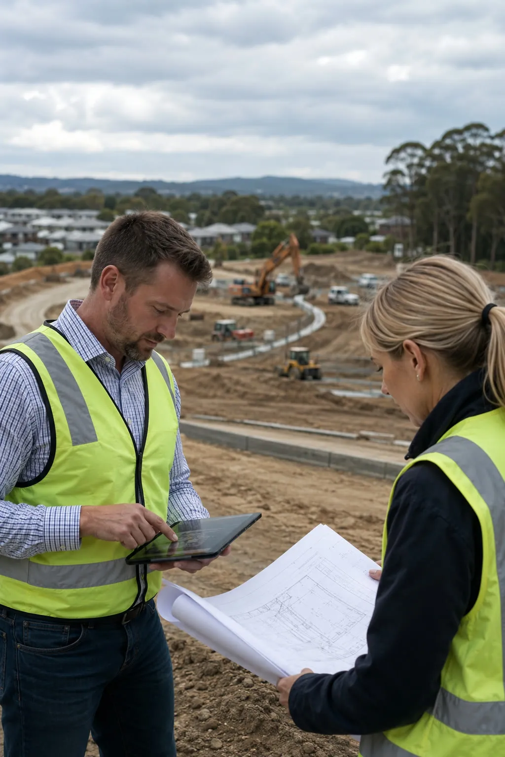 Engineers reviewing plans on a construction site